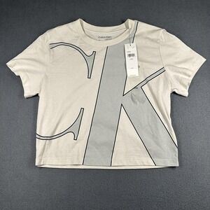 Calvin Klein Shirt Womens Large White Crew Neck Short Sleeve Cropped Logo CK NWT